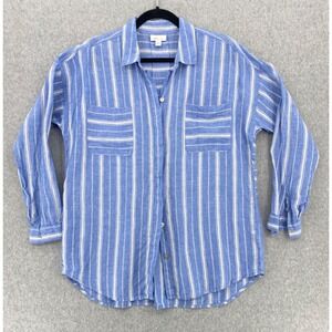 J Jill Love Linen Shirt womens Medium Blue & White Striped Linen Button-Up‎